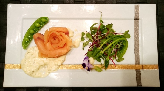 Smoked salmon trout rosette with asparagus Edible flowers, ravigotte sauce