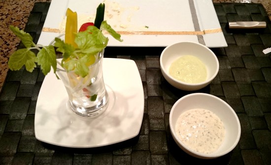 Stick vegetables salad with dipping sauces Carrot, celery, cucumber, “Daikon” radish, endive and radish Guacamole and mustard mayonnaise