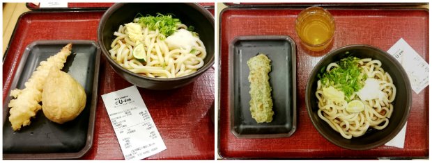 regular udon with soup plus: shrimp tempura and inari sushi (left), vegetable tempura and ocha (right)