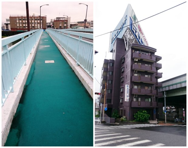 the green bridge and brown tall building