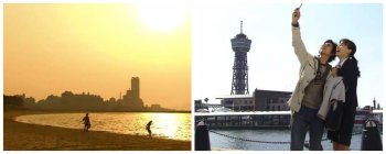 Ban dan Eri di Momocho Seaside Park (kiri) dan Bayside Place Hakata Pier (kanan)