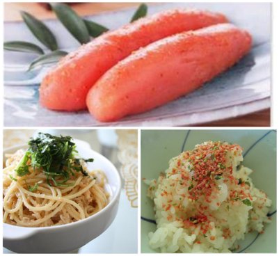 Mentaiko (atas) Pasta Mentaiko (kiri) dan Mentaiko Furikake (kanan)